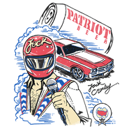 The graphic on the Jock Cranley Patriot Tee, featuring Jock Cranley in a stuntman outfit, a Sabre Turbo, and a can of Patriot Beer, in Grand Theft Auto Online.