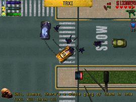 A whole gang of armed Taxi Drivers emerges from the Taxi and Elmo tells Claude to kill them.