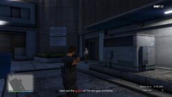Take out the guard at the morgue entrance.
