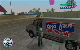 Tommy entering the Top Fun van parked near the construction site he'll have to destroy.