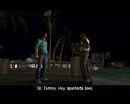 Tommy Vercetti meeting Rico at a jetty in Viceport.