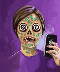 Stay Connected, a painting by Jo Germain at The Diamond Casino & Resort, the man was featured, with a Blue Hypnotic Alien mask-like face, holding an ifruit Phone.