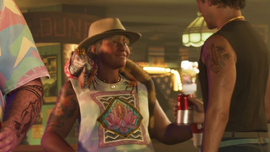 A dressed up pet iguana wrapped around a woman's neck.