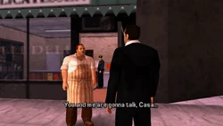 Toni notices the two cops inside Casa's deli, and decides to "talk" with Casa somewhere else.