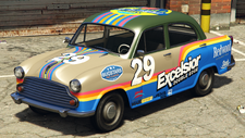 A Dynasty with a Racer 29 livery, featuring Excelsior markings, in Grand Theft Auto Online. (Rear quarter view)