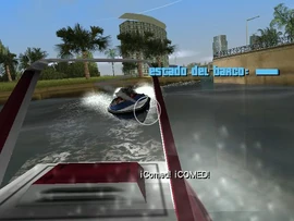Tommy Vercetti shooting at the pursuing attackers from the fastest boat.