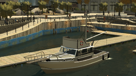 Full view of the Reefer in Grand Theft Auto IV, with its mast and boom in view. (Rear quarter view)