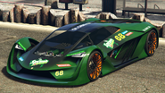 A Tezeract with a Sprunk livery in Grand Theft Auto Online. (Rear quarter view)