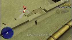Kenny is escaping by boat.