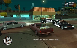 CJ driving to the Pay 'n' Spray while Ryder shoots out with the pursuing cops.