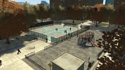 Basketball court and children's park.