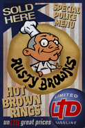 LTD Gasoline advertising Rusty Brown's Ring Donuts.