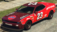 A Gauntlet Hellfire with a Royal Tribute livery in Grand Theft Auto Online. (Rear quarter view)