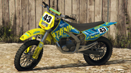 A Sanchez with an Atomic livery in Grand Theft Auto V. (Rear quarter view)