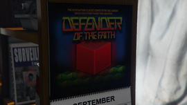 Calendar art advertising the Defender of the Faith movie adaptation in Lester Crest's home.