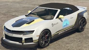 A Vigero ZX Convertible with Declasse Pace Car livery in Grand Theft Auto Online. (Rear quarter view)