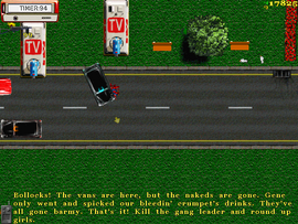 After stealing a London Cab and driving back to the park, they find the TV Vans, but Gene and his girls are gone. Harold tells the protagonist to locate and kill Gene White, and "persuade" his girls to an orgy in a hotel in Central Camden Town.