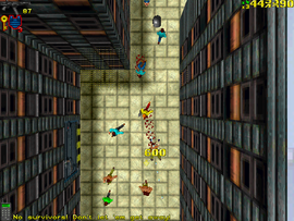 The protagonist enters the alley and starts shooting at everyone.