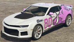 The Liberty Cocks appearing as a minor sponsor on the "Los Santos Boars" livery for the Vigero ZX in GTA Online.