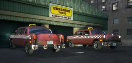 Two Borgnines parked outside Borgnine Taxis in Grand Theft Auto III - The Definitive Edition (Note the new phone number '1-999-XIS' in this version)