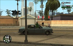 The gang performing a drive-by on a third group of Ballas.