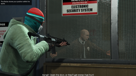 Trevor forcing the security guard to open the door.