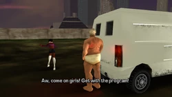 ...and begins to chase the startled prostitutes.