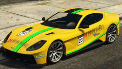 A Itali GTO with the Motor Market livery in Grand Theft Auto Online. (Rear quarter view)