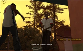 CJ comes over to see OG Loc at his new workplace - the Burger Shot in Marina. He greets Loc with friendly banter.