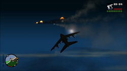 The player destroys the first enemy jet.