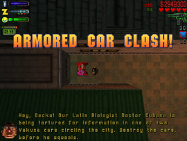 Answering the phone, Claude Speed is told by Trey Welsh that the Zaibatsu Corporation biologist Doctor Cubana is being tortured by the Yakuza for Zaibatsu secrets in one of two armored Yakuza Miaras around the city, and asks him to destroy both cars before he squeals.