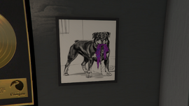 Drawing of Chop hanging in Franklin's office in the GTA Online Protagonist's agency, referencing the Grand Theft Auto V entry screen of Chop with a ripped Los Santos Panic jersey.