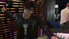 The Promoter resists the player's attempt to take the laptop.