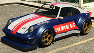 A Comet Retro Custom with the Wiwang livery in Grand Theft Auto Online. (Rear quarter view)