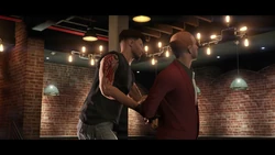The player arresting a bail escapee in a modified  interior