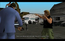 Phil tells Tommy about a Mexican gun runner operating in Vice City, that is delivering guns just as they speak.