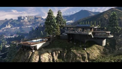 Overview of the new mansion slated to take over the . Several players can be seen walking around the property as a  takes off from the mansion's helipad