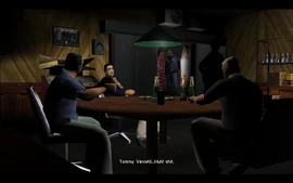 The scene is the back-room in Marco's Bistro, Liberty City. Three men, Forelli Crime Family Don Sonny Forelli, Sonny's right-hand man and an unknown associate are discussing Tommy Vercetti, a former member of their family who was just released from prison.