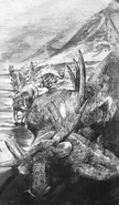 (Ch. 13) Coryn telling the wolves to send Hamish in to eat from the moose carcass..