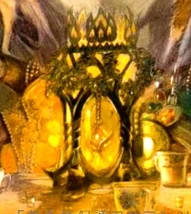 The Ember within its elaborate container, surrounded by gifts of worship on the Japanese cover of 