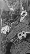 (Ch. 8) Coryn, dressed as a hagsfiend, scaring away Pure One soldiers, among them a Barn Owl named Flint.