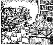Otulissa researching in the library, Ezylryb at his desk.