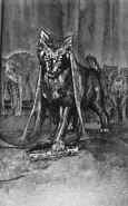 (Ch. 19) Chieftain Dunleavy B. MacHeath, wearing an animal skin and a gnawed headdress of bones. Beneath his paw rests a carved talking stick.