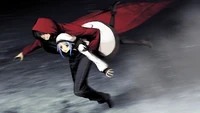 Scrooge running with Carol