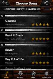 Guitar Hero (iOS) - Setlist screen (6 songs played on Expert Guitar)