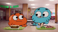 Gumball tries to explain to Darwin the sounds are fake and not to eat Potato or inhale and eat.