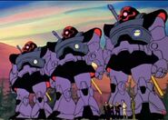 Black Tri-Stars being briefed by Col. M'Quve, with their Dom in the background (Mobile Suit Gundam TV series)