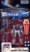 MSiA / MIA "GAT-X105 Launcher Strike Gundam" (North American release; 2004): package front view.