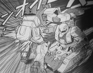 A GM Ground Type (left) being struck by Zeon's Zaku Tank (from Zeon MS Boys: The War of Independence)