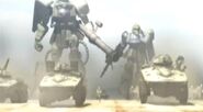 Zaku I (second from right) moves with Zaku II Ground Type and Armored Vehicles (Zeonic Front)